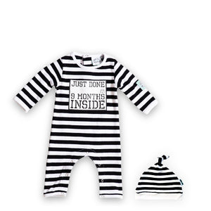 Black and White Stripy Baby Romper with Just Done 9 Months Inside slogan and matching stripy hat