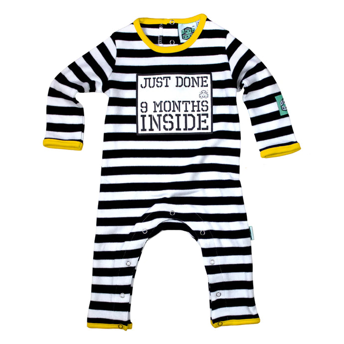 Just Done 9 Months Inside black and white striped baby grow with yellow trim