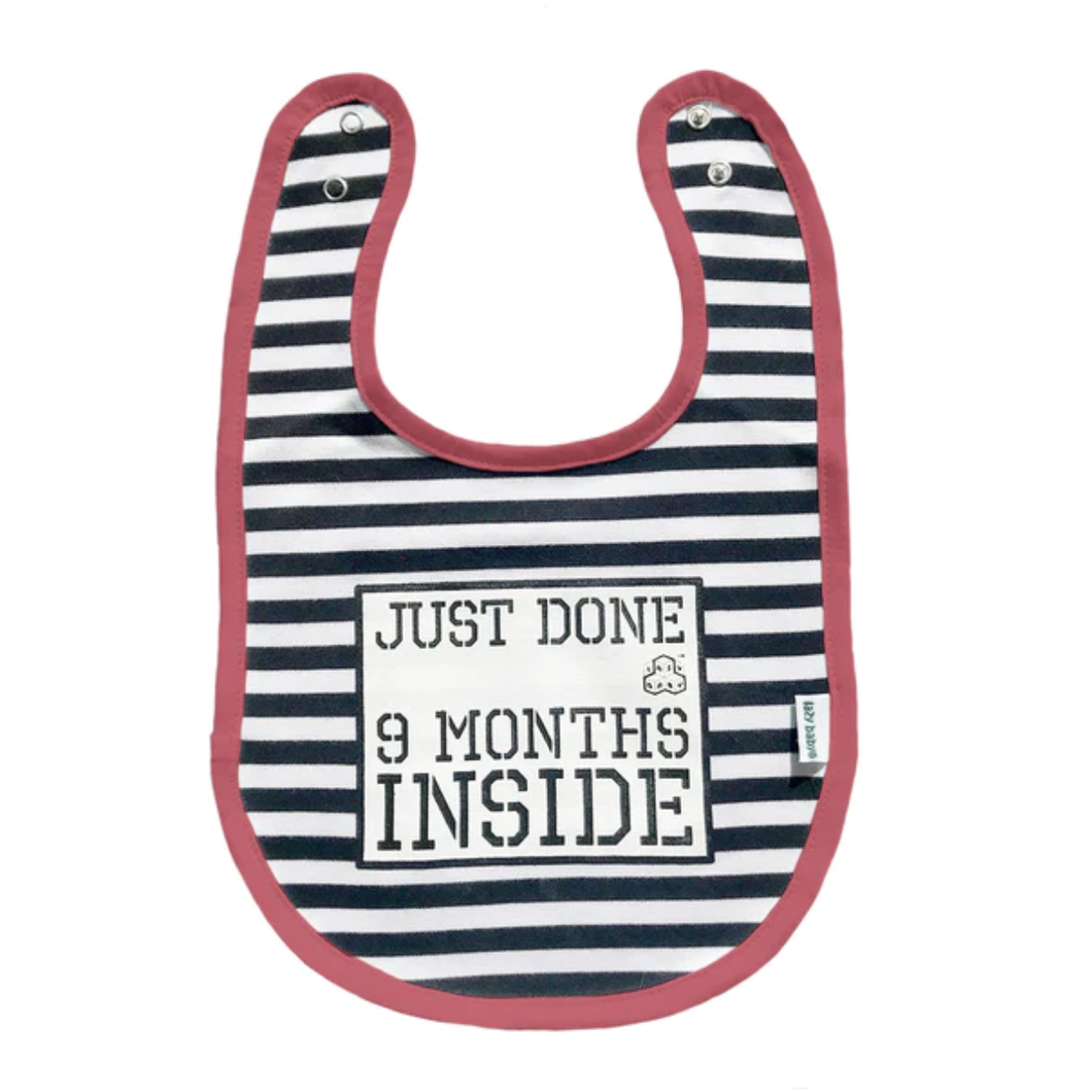 Just Done 9 Months Inside slogan bib in black and white stripes with pink edging trim