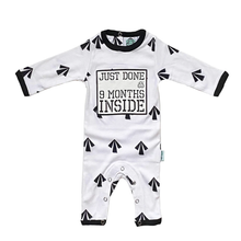 Load image into Gallery viewer, Just Done 9 Months Inside Arrows Baby Grow White and Black