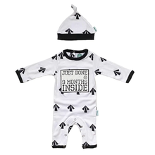 Load image into Gallery viewer, Just Done 9 Months Inside Babygrow and Hat Bundle in White and Black Arrows Design