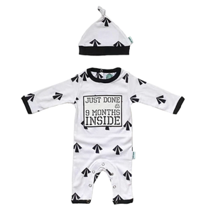 Just Done 9 Months Inside Babygrow and Hat Bundle in White and Black Arrows Design
