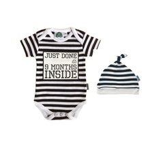 Load image into Gallery viewer, Just Done 9 Months Inside Newborn Bodysuit and Hat Bundle Black and White Striped