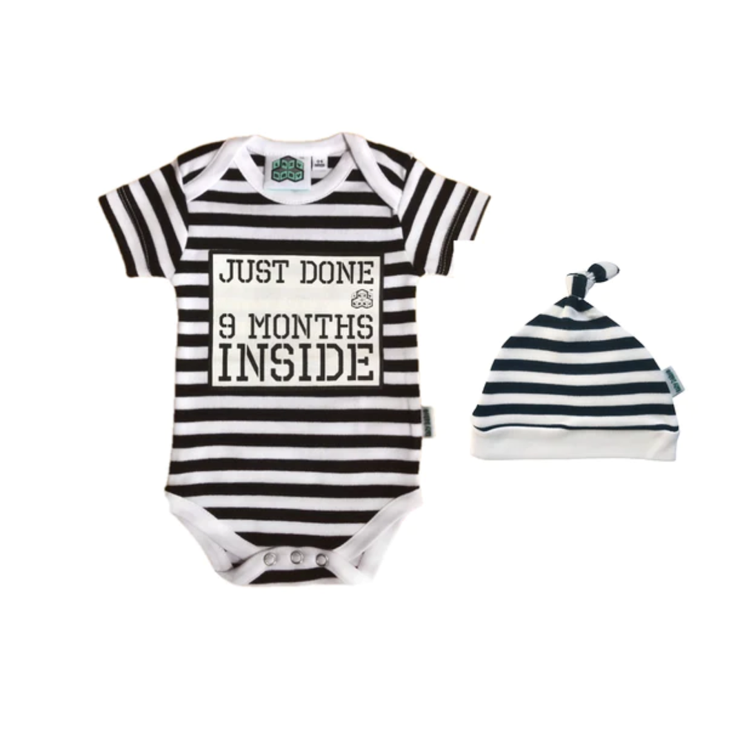 Just Done 9 Months Inside Newborn Bodysuit and Hat Bundle Black and White Striped