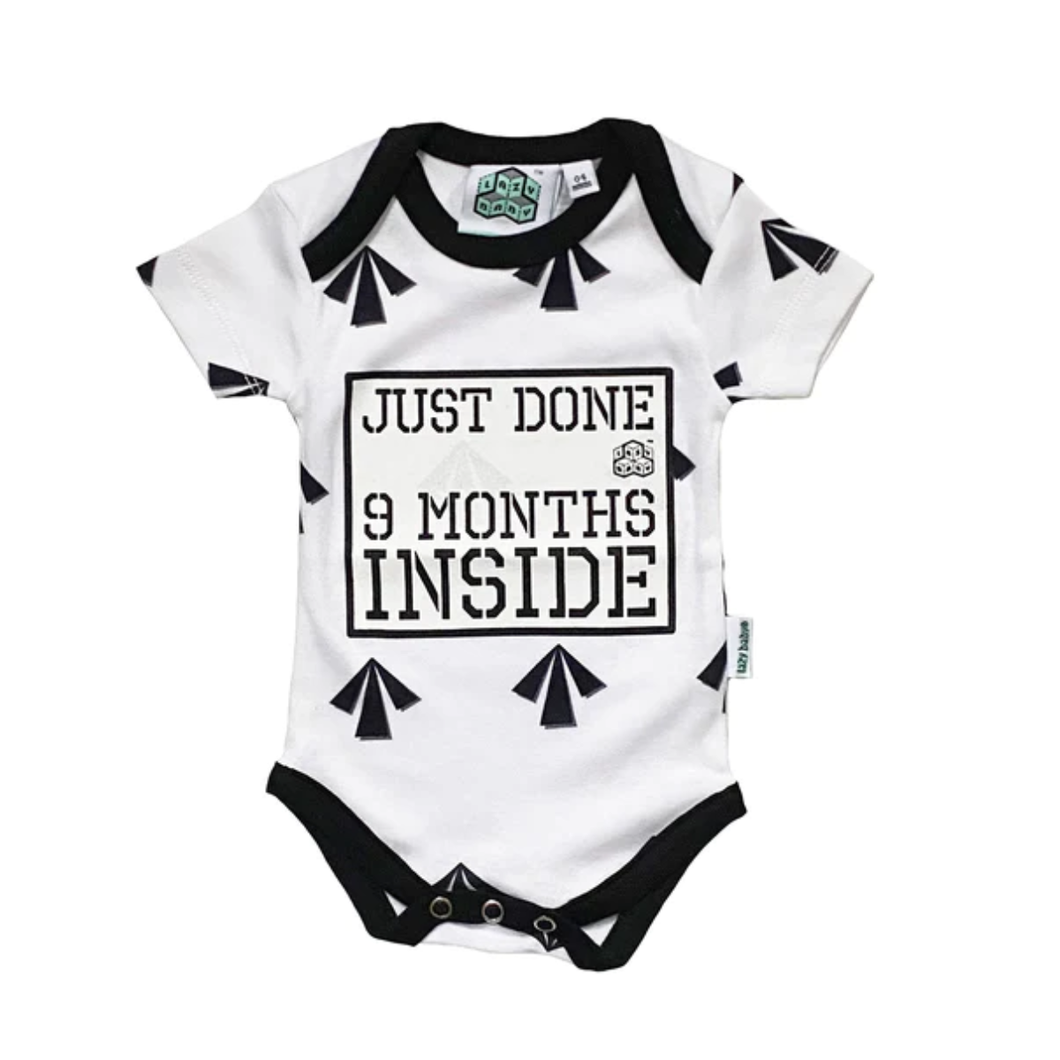 Just Done 9 Months Inside Baby Bodysuit White and Black with Arrows Graphics