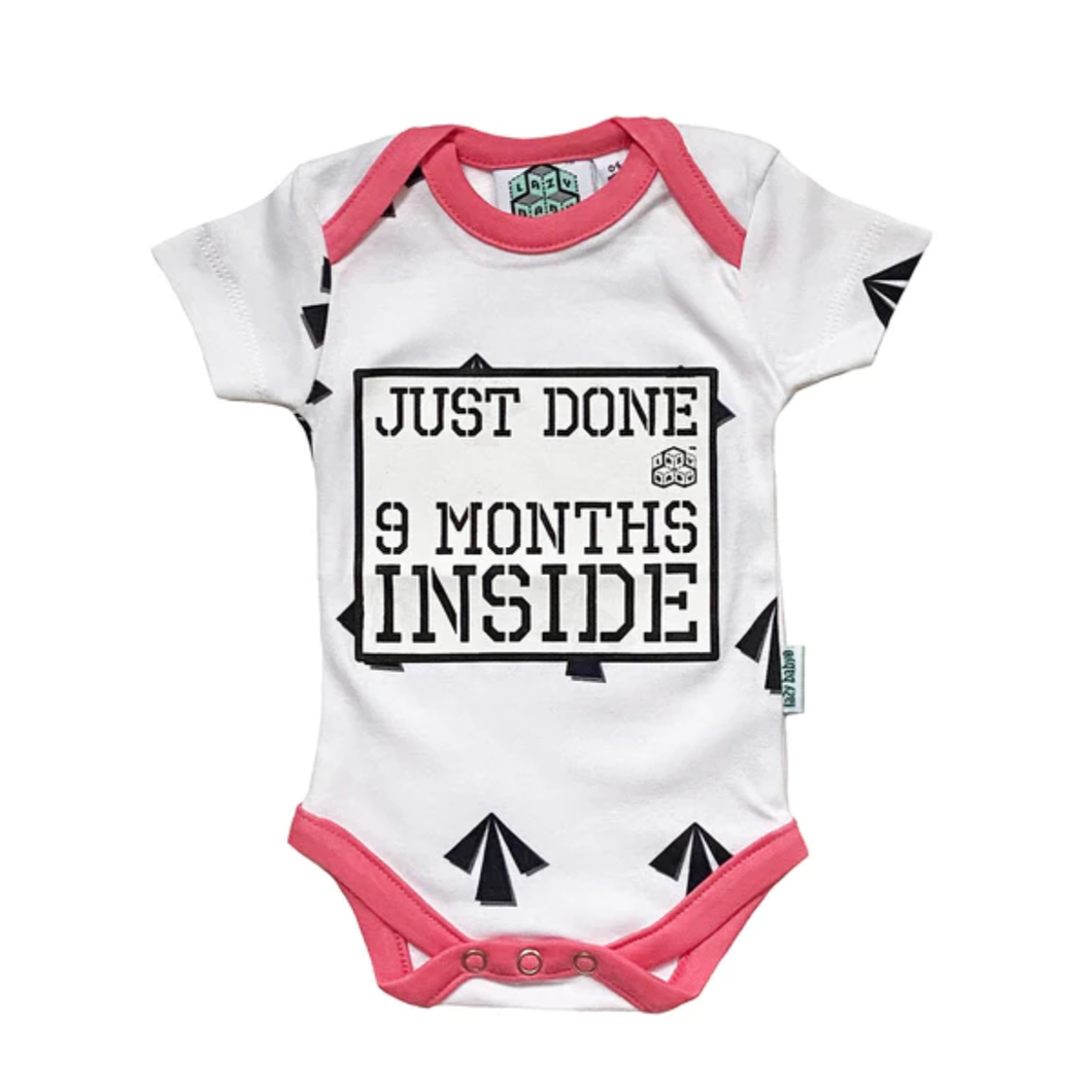 Just Done 9 Months Inside Baby Bodysuit - White with black arrows and pink edging