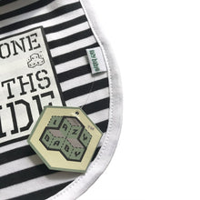 Load image into Gallery viewer, Close up of stripy bib featuring Lazy Baby swing tag