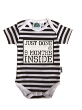 Load image into Gallery viewer, Just Done 9 Months Inside Baby Bodysuit Black and White Stripes