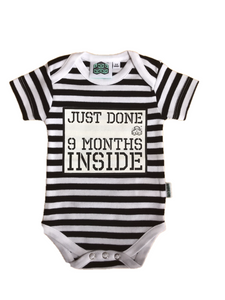 Just Done 9 Months Inside Baby Bodysuit Black and White Stripes