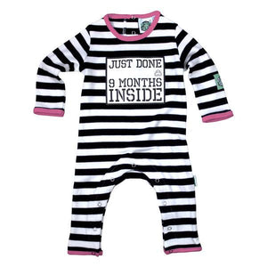 Just Done 9 Months Inside Slogan Onesie black and white striped with pink edging trim