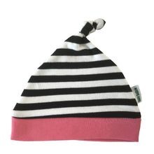 Load image into Gallery viewer, Black and white striped baby hat with pink edge and knot at the top