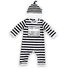 Load image into Gallery viewer, Just Done 9 Months Inside printed slogan baby romper in black and white stripes with matching baby hat