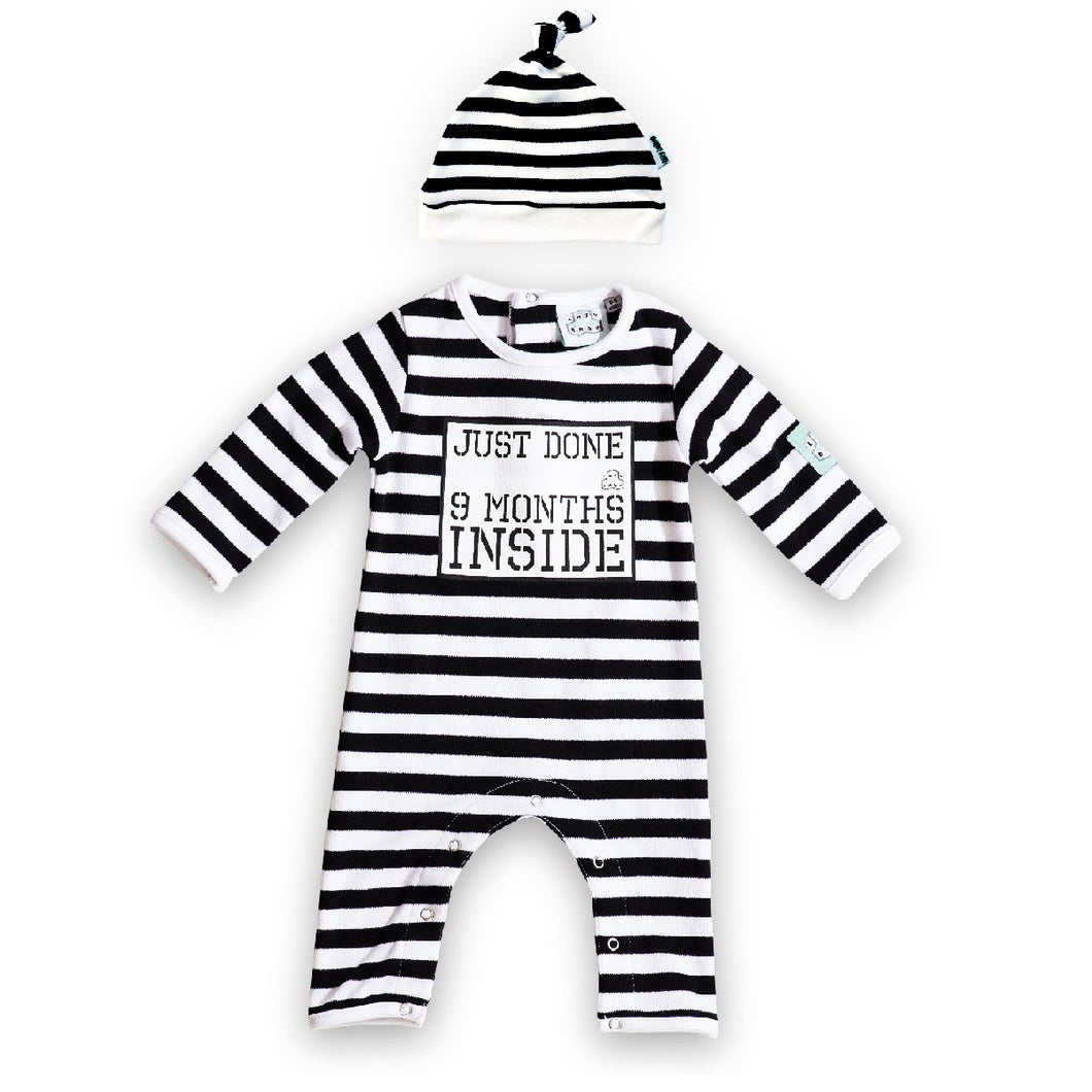 Just Done 9 Months Inside printed slogan baby romper in black and white stripes with matching baby hat