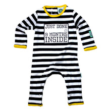 Load image into Gallery viewer, Just Done 9 Months Inside black and white striped baby grow with yellow trim