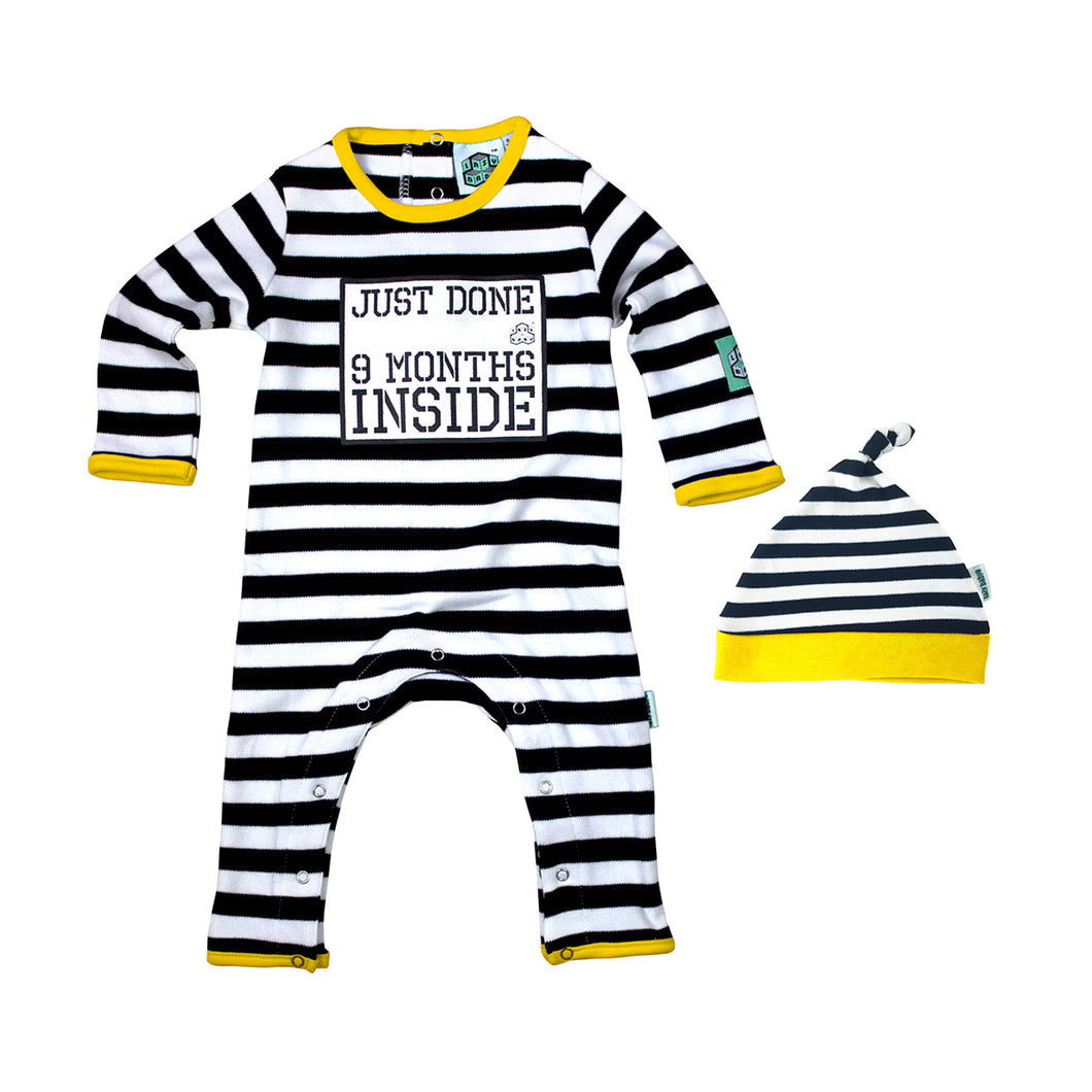 Just Done 9 Months Inside Baby Romper and Hat Black and White Striped With Yellow Edging Trim