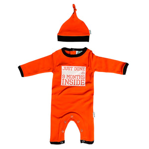 Just Done 9 Months Inside Newborn Baby Romper and Hat in Orange